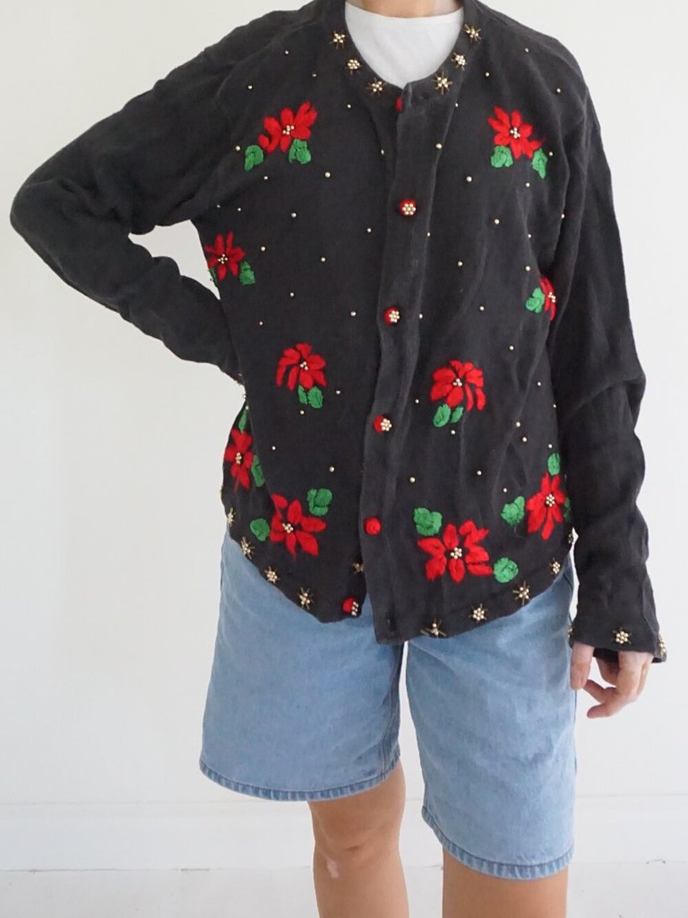Vintage Cove Creek Black Red Poinsettia Bead Ugly Christmas Festive Cardigan XL